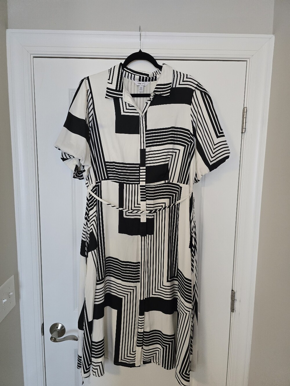 Nine West Black & White Geometric Shirt Dress - Classic Women's Dress